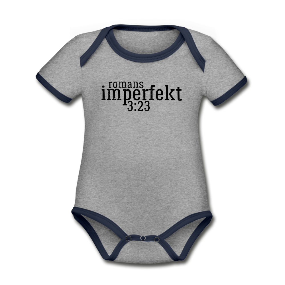 romans 3:23 organic contrast short sleeve baby bodysuit - heather gray/navy