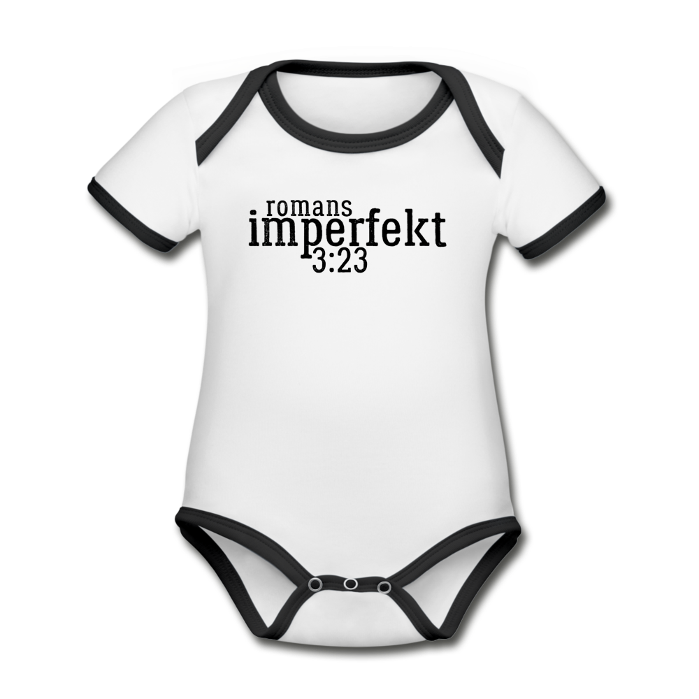 romans 3:23 organic contrast short sleeve baby bodysuit - white/black